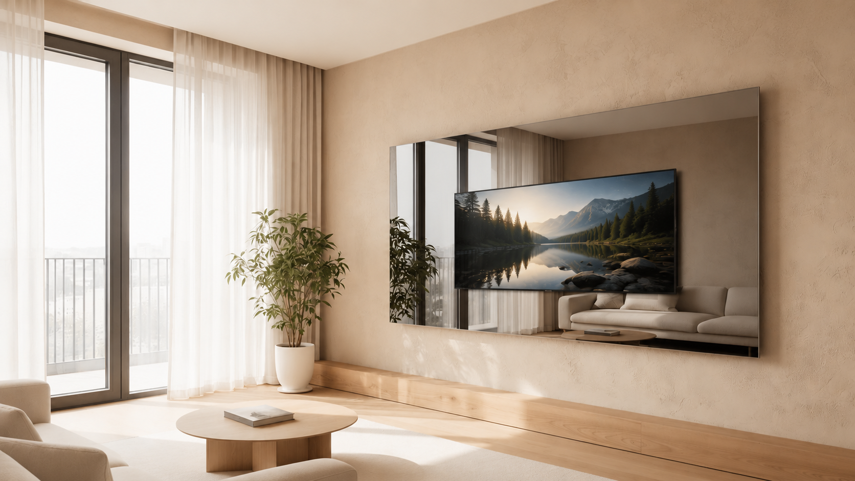 Espejo TV encendido mostrando la pantalla 4K dentro del espejo