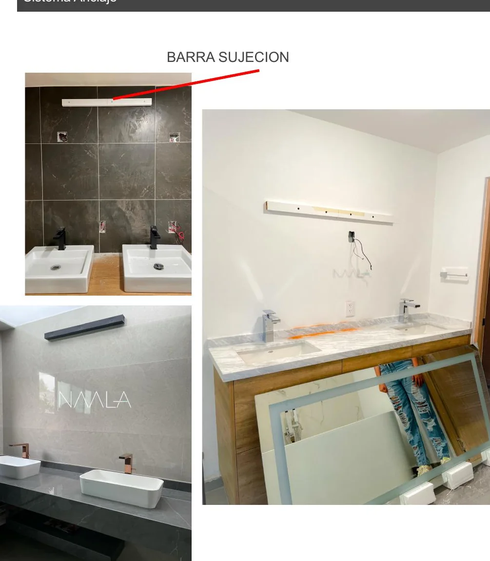 Barra de sujeción instalada y espejo de gran formato antes de colocarse