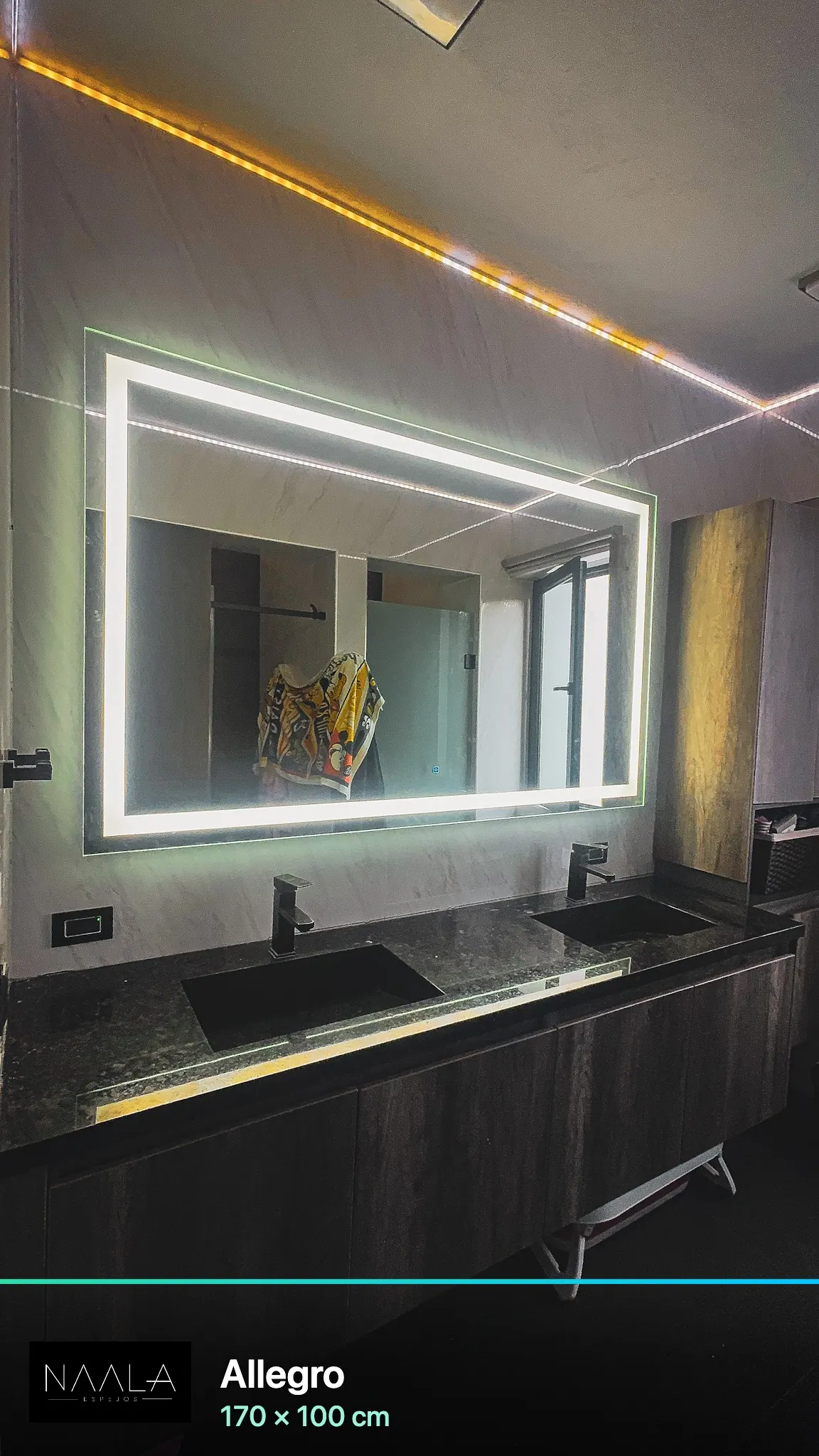 Espejo Allegro 170×100 cm con luz LED frontal en baño de lujo