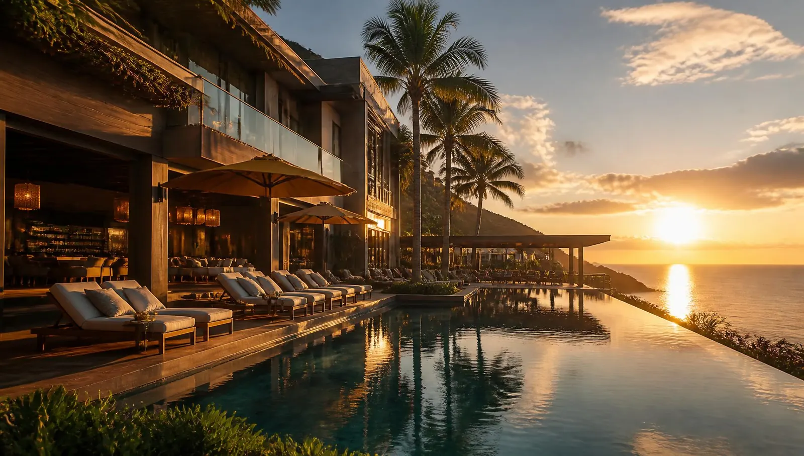 Hotel de playa con arquitectura contemporánea al atardecer